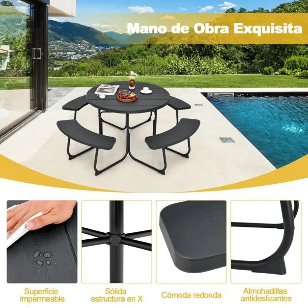 Conjunto de jardim para 8 pessoas com mesa e 4 bancos, orifício para guarda-sol e mesa de campismo redonda para piquenique no jardim Carga 225 kg Pret