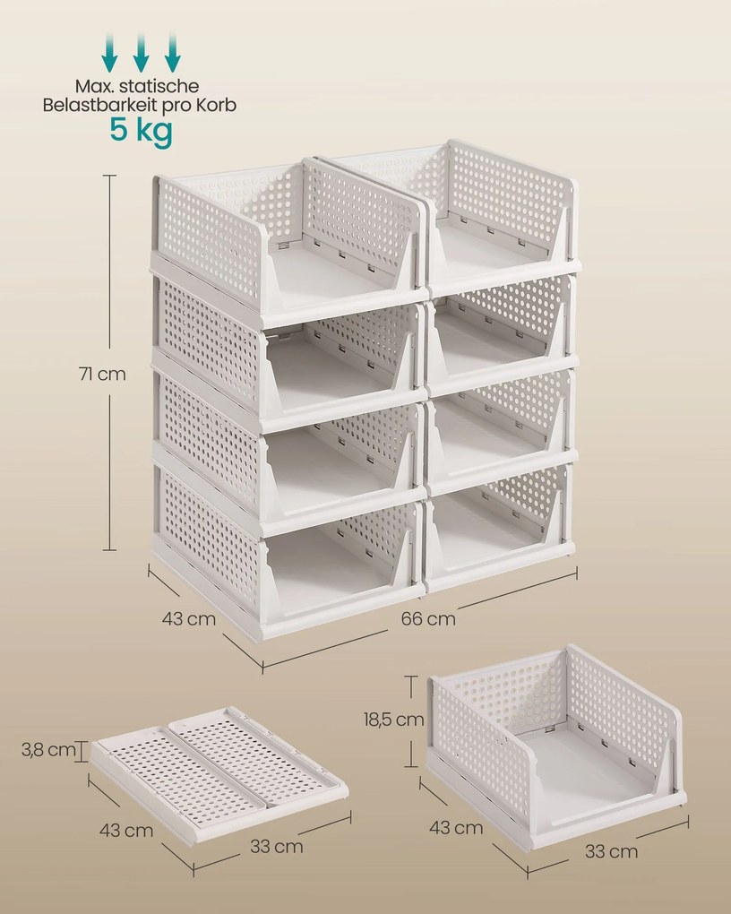 Conjunto 8 x cestos de arrumação com cestos extraíveis 43 x 33 x 18,5 cm (P x L x A) por cesto branco
