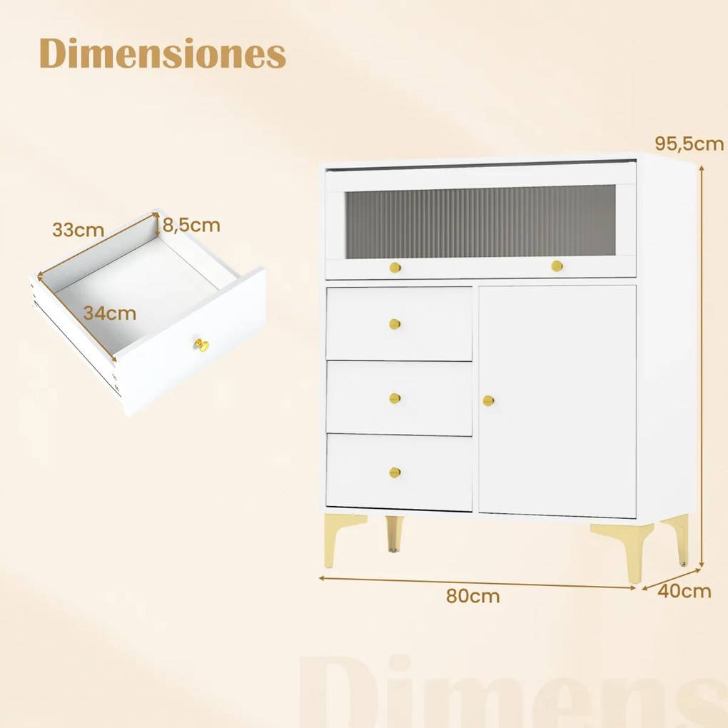 Cómoda de quarto moderna 80 x 40 x 95,5 cm com porta de vidro canelado rebatível e gavetas extraíveis Pernas metálicas branca