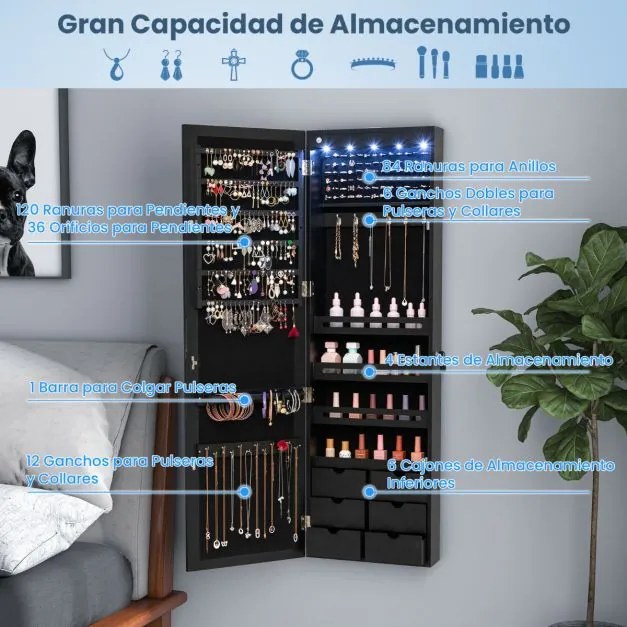 Armário para joias com espelho, iluminação LED, fechadura, montagem na porta e na parede, 36,5 x 11,5 x 120 cm preto