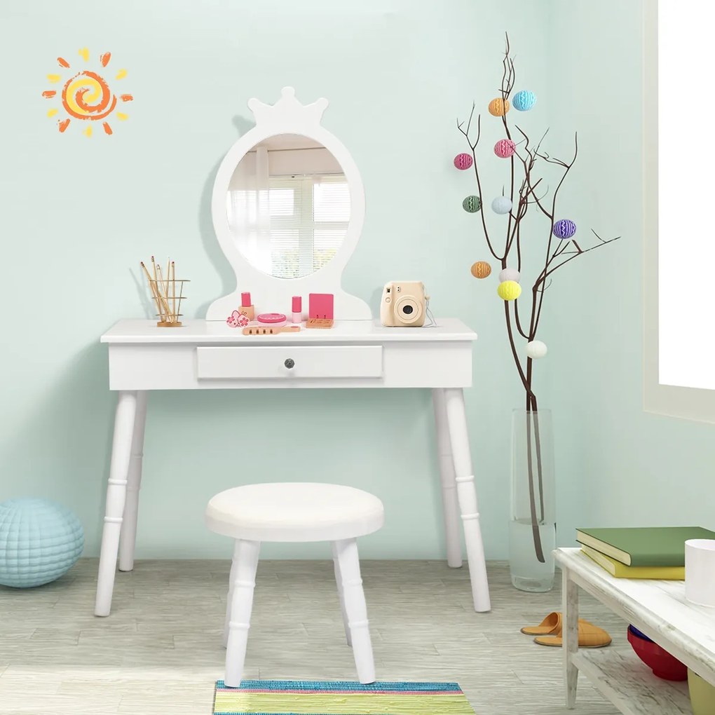 Toucador Conjunto de mesa e cadeira  infantil com espelho e gavetas para maquilhagem  70 x 34 x 100 cm branco
