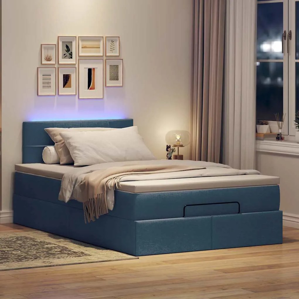Cama Otomana com Colchão & LEDs Tecido Azul 120x200 cm