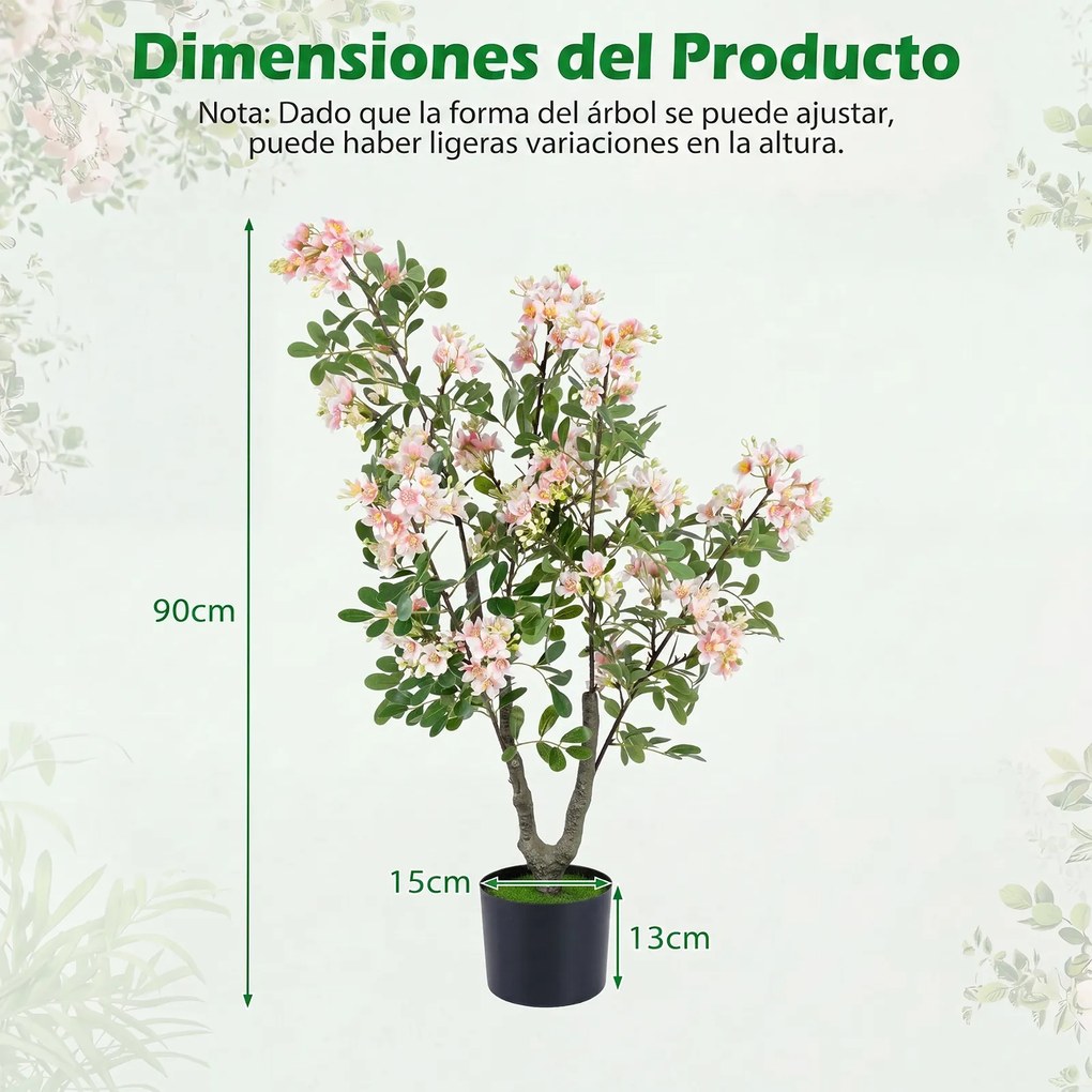 Conjunto de 2 Árvores de Flores Artificiais, 15 x 13 x 90 cm, Vaso de Cimento, Rosa