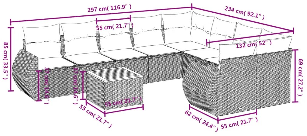10 pcs conjunto sofás de jardim c/ almofadões vime PE preto