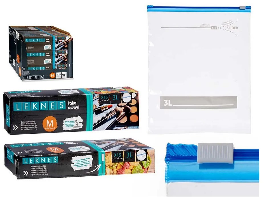 Saco Multiúsos Zip Transparente (3 L) (15 Uds)