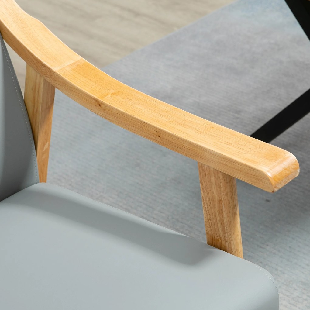 HOMCOM Poltrona de Estilo Nórdico com Encosto Alto Cadeira Sala de Jantar Estofada em PU com Apoio para os Braços e Estrutura de Madeira de Borracha para Escritório Sala de Estar Carga 150kg 62x75x115cm Cinza e Madeira