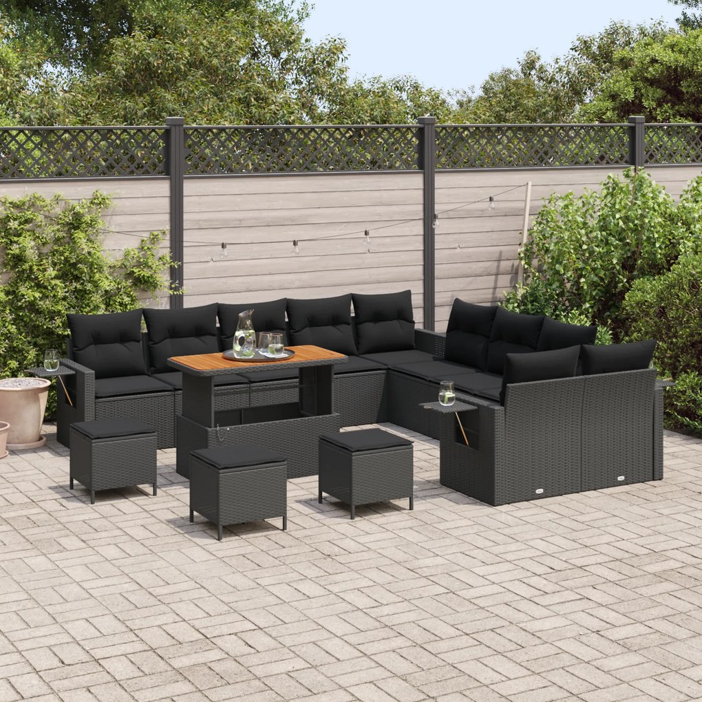 Conjunto de Sofá de Jardim vidaXL de 14 Peças com Almofadas Preto Vime
