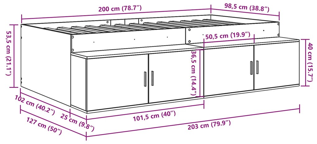Estrutura de Cama de Armazenamento Cinza Concreto 100x200 cm