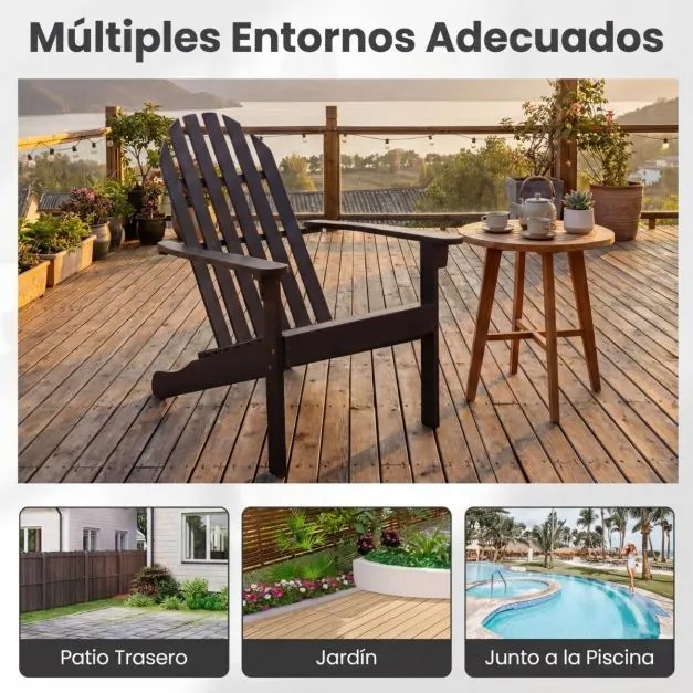 Cadeira Adirondack 93 x 66 x 86 cm em madeira de acácia (MESA NÃO INCLUIDA) com assento inclinado e encosto alto ergonómico, com ripas, para alpendre,