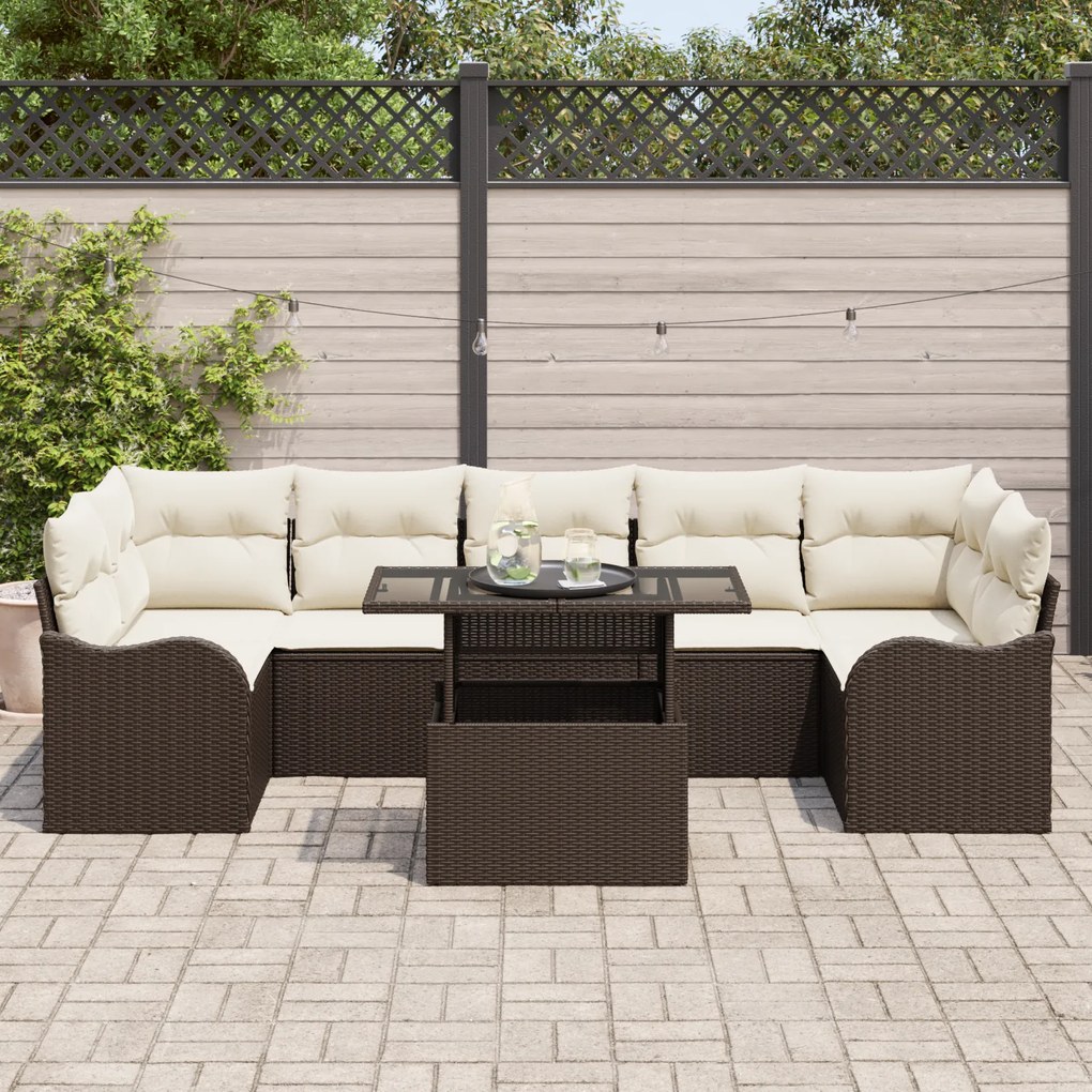 Conjunto de Sofás de Jardim de 8 Peças com Almofadas Castanho Rattan P