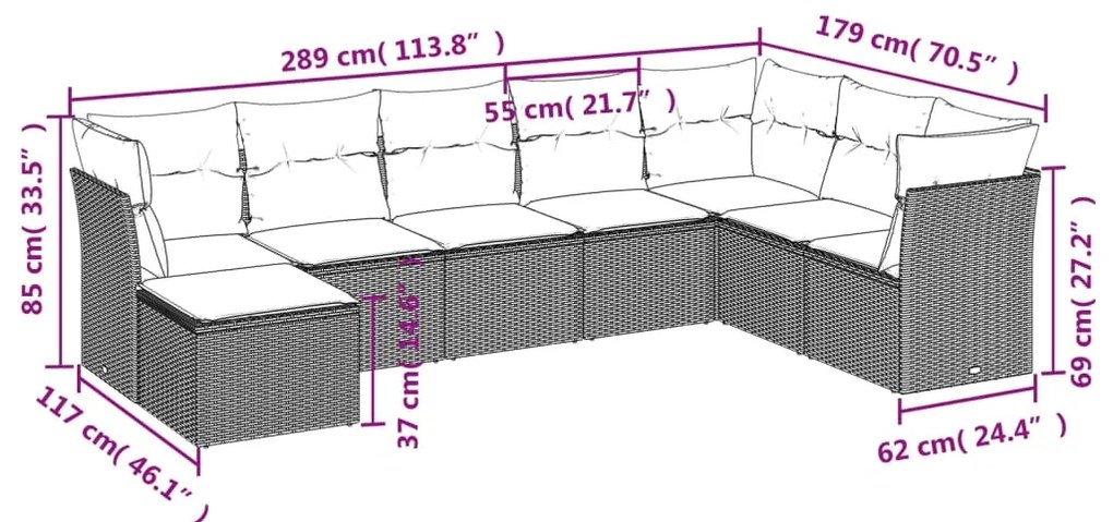 8 pcs conjunto de sofás p/ jardim com almofadões vime PE bege