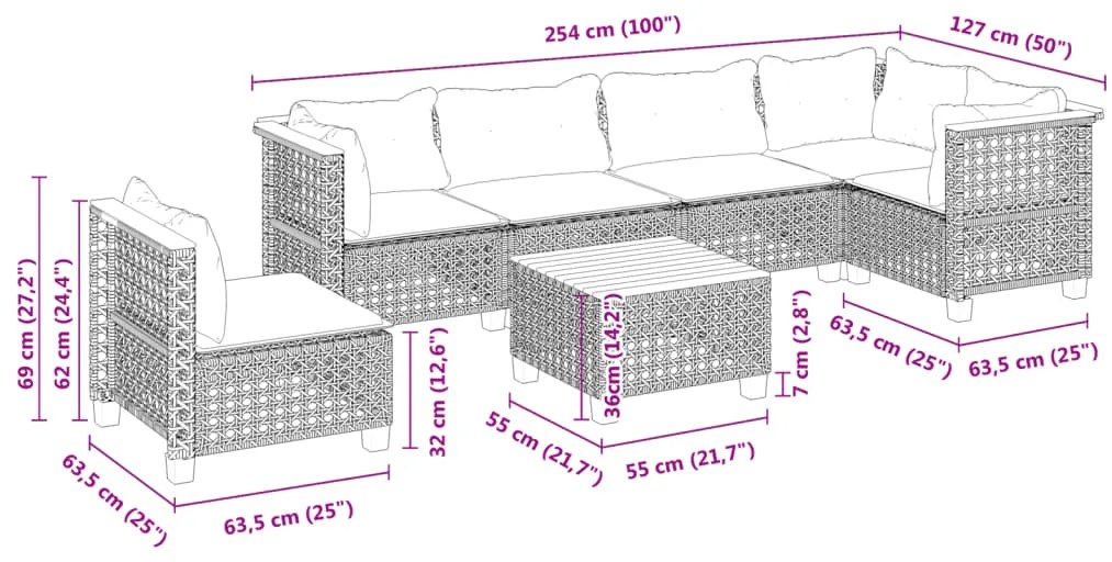 7 pcs conjunto de sofás p/ jardim c/ almofadões vime PE preto