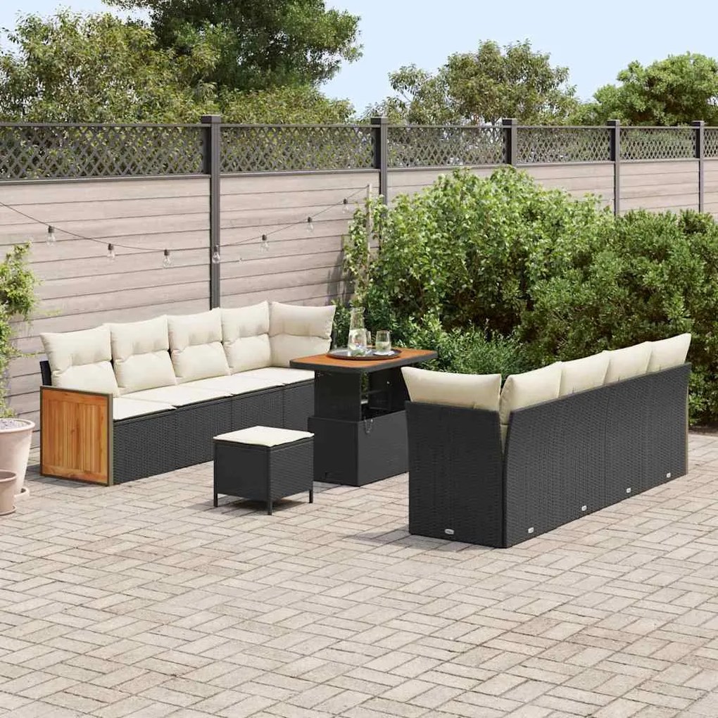 Conjunto de Sofá para Jardim com 11 Peças e Almofadas Preto Poliéster