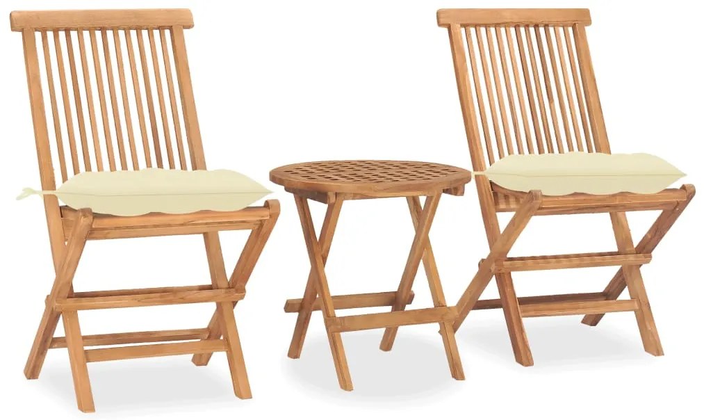 3 pcs conj. jantar dobrável exterior c/ almofadão teca maciça