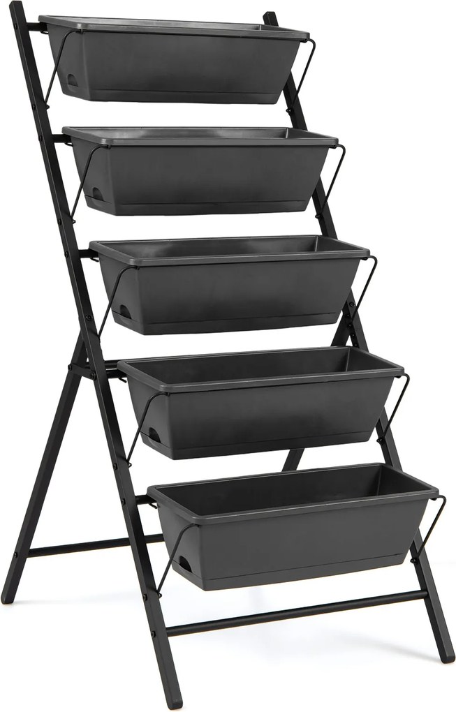 Floreira vertical de 5 níveis 57 x 71 x 115 cm com estrutura metálica, tabuleiros removíveis e orifícios de drenagem, para interior e exterior, Preta