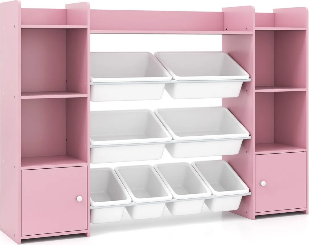 Estante infantil grande para guardar brinquedos de 4 níveis com 8 caixas removíveis para quarto 142 x 30 x 100 cm Rosa