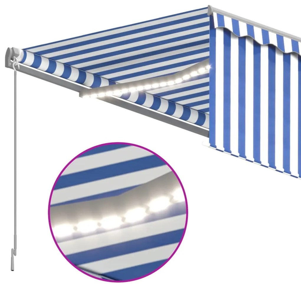 Toldo retrátil manual com estore/LED 4,5x3 m azul e branco