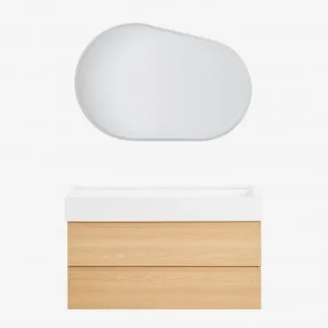 Conjunto De Móvel De Casa De Banho Suspenso Em Madeira E Folha De Freixo Com Lavatório Integrado Ona Madeira Natural & Oval Led E Anti-embaciamento 10