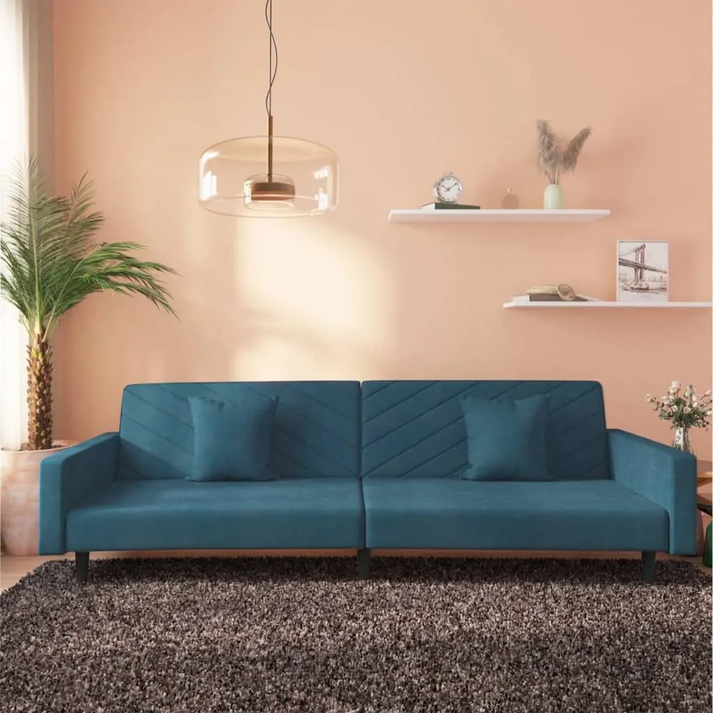 337627 vidaXL Sofá-cama 2 lugares com duas almofadas veludo azul