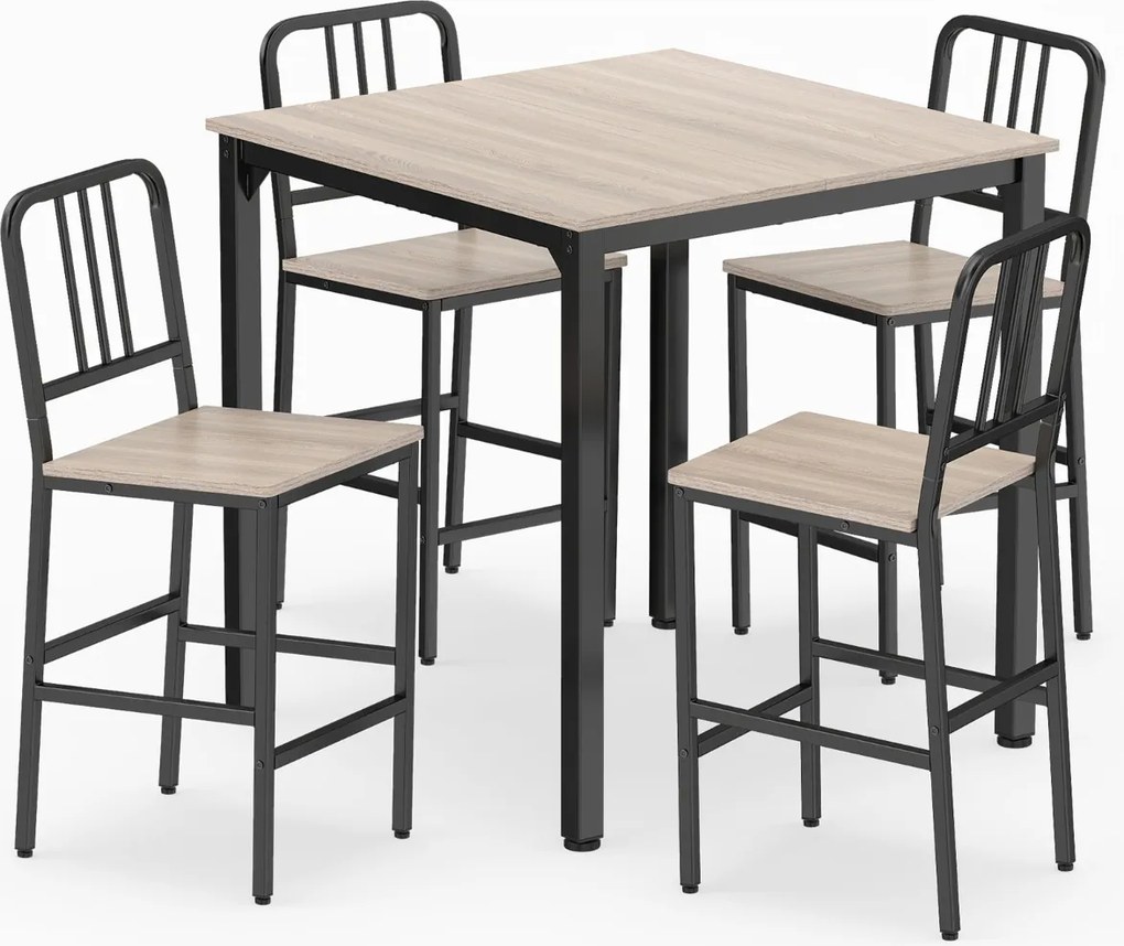 Conjunto de mesa de jantar alta e 4 bancos para 4 pessoas com estrutura metálica, mesa quadrada de estilo rústico Natural e Preto