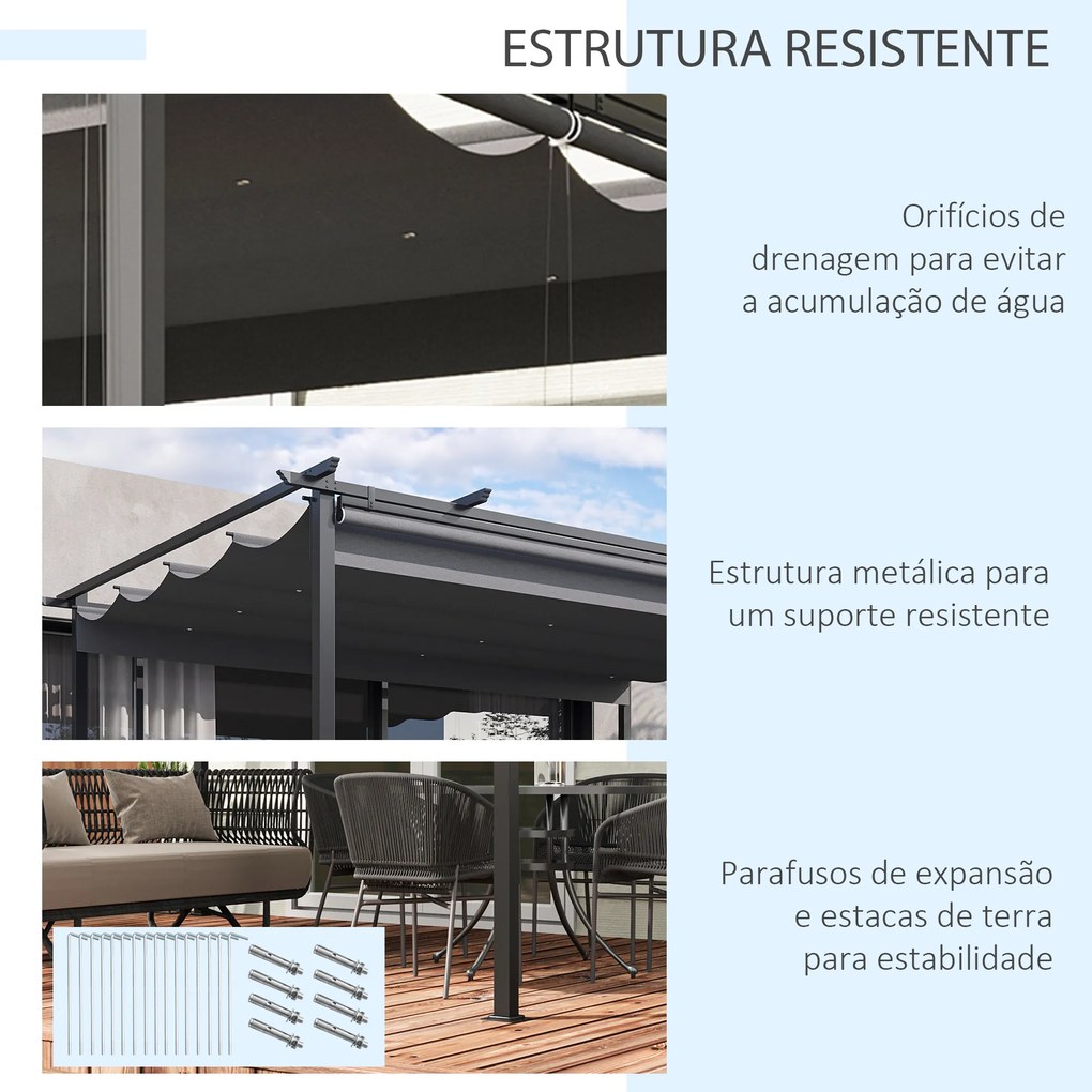 Pérgola de Jardim com Teto Retrátil 4 Cortinas Enroláveis de Poliéster e Estrutura de Metal 3,95x2,95 cm Cinza Escuro