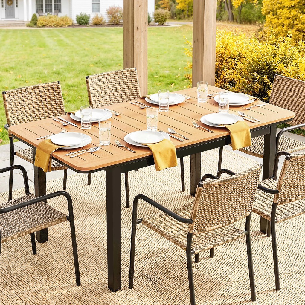 Mesa de jardim retangular para 6 pessoas 127 x 70 cm em madeira composta, com estrutura metálica e tampo de ripas, castanho
