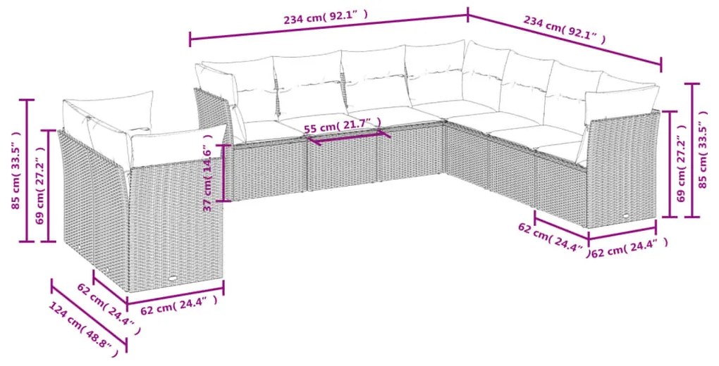 9 pcs conj. sofás jardim com almofadões vime PE cinzento-claro