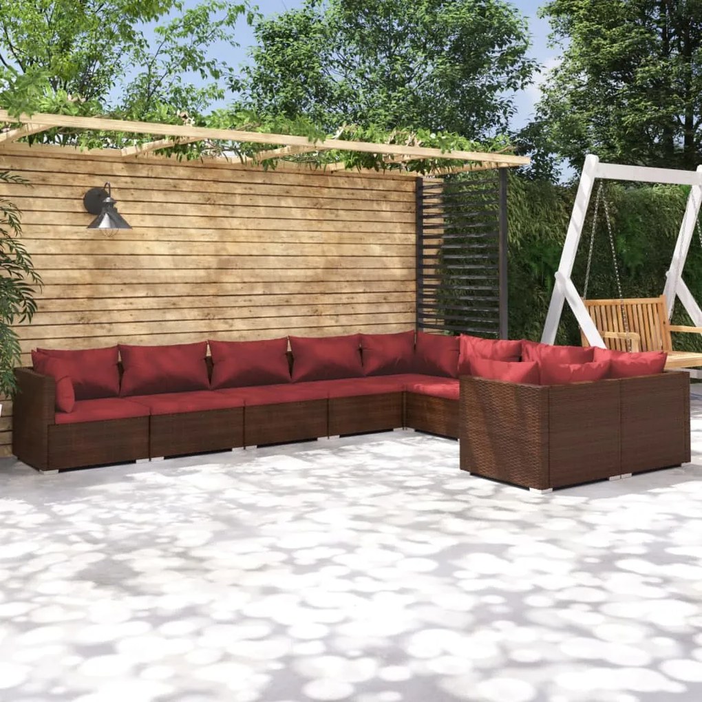 vidaXL 9 pcs conjunto lounge jardim c/ almofadões vime PE castanho