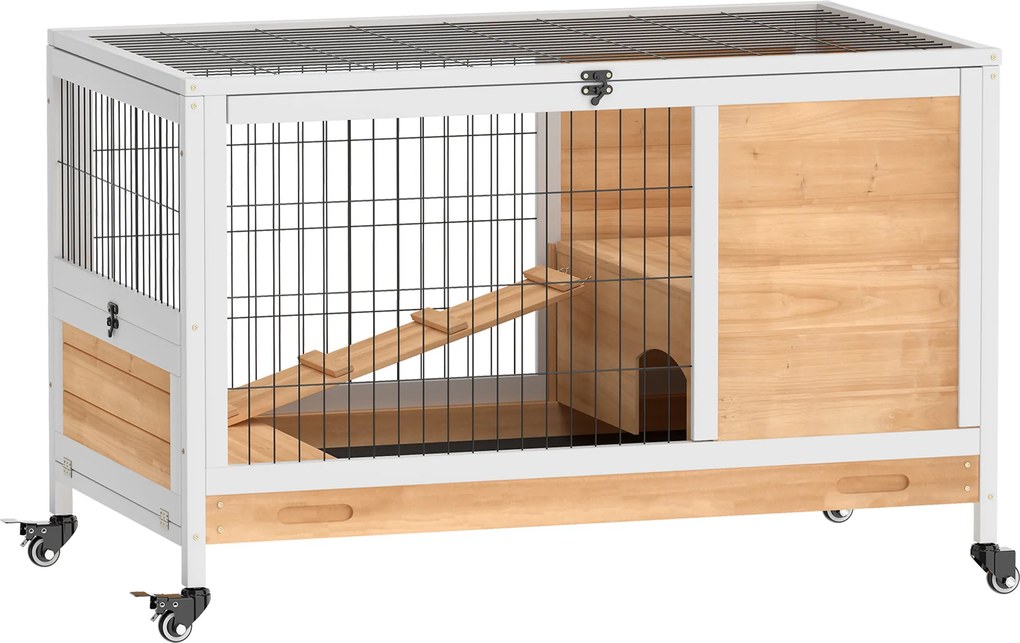 PawHut Coelheira de Madeira Gaiola de para Pequenos Animais Portátil com Teto Abatível Rampa Bandeja Amovível 90x53x59cm Madeira | Aosom Portugal