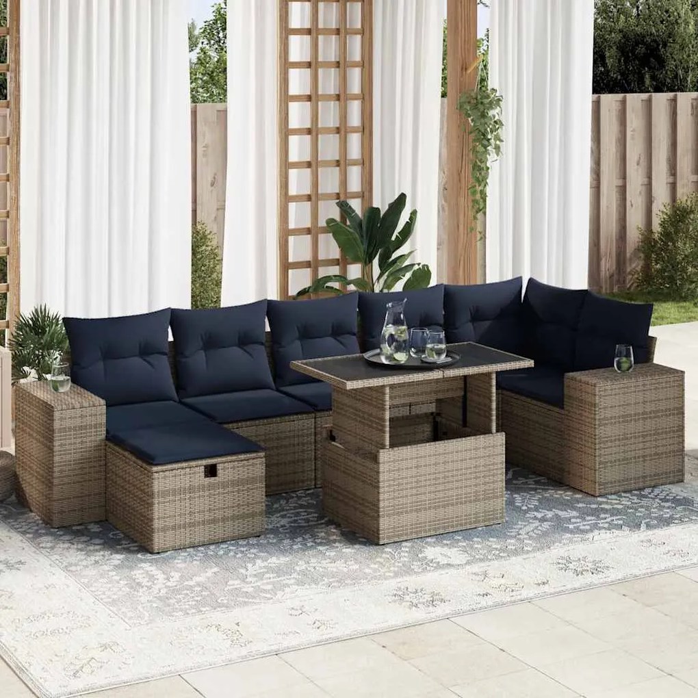 8 pcs conj. sofás jardim c/ almofadões vime PE/acácia castanho