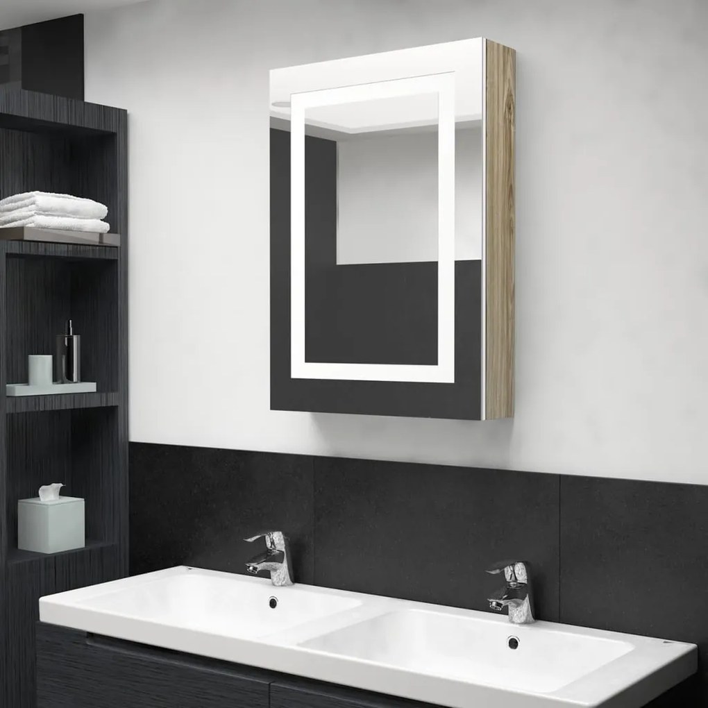 vidaXL Armário espelhado casa de banho LED 50x13x70 cm branco/carvalho