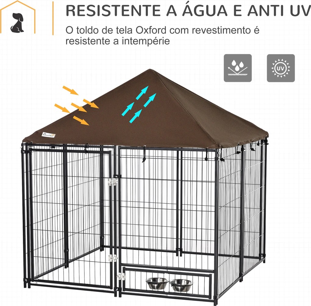 PawHut Parque para Cães com Toldo Suporte Giratório 2 Tigelas Incluída