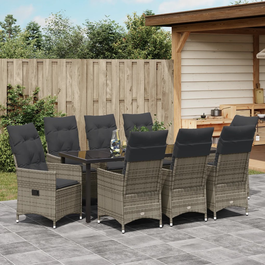 Conjunto de Jantar de Jardim de 9 Peças com Almofadas Cinza Polirattan
