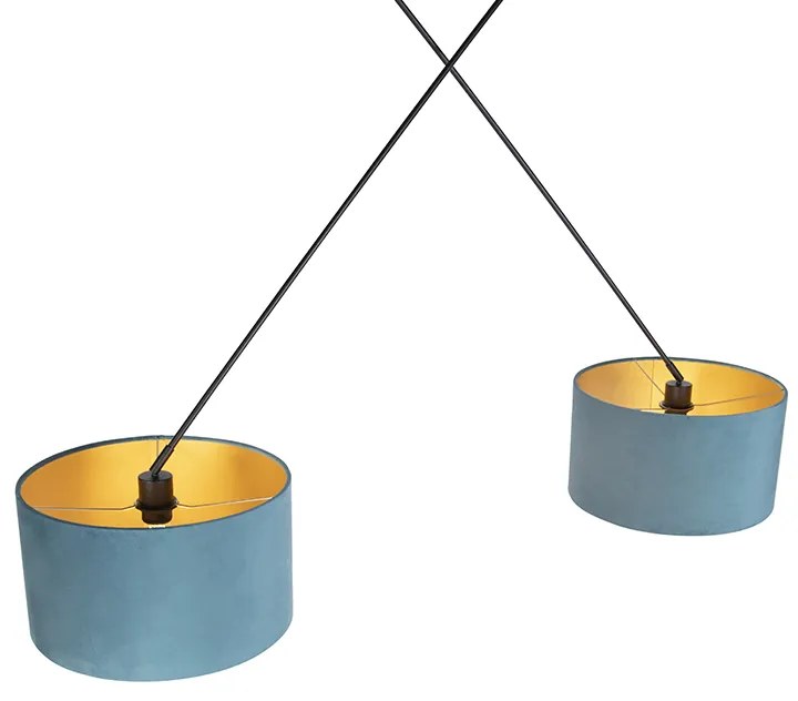 Candeeiro de suspensão preto com abajures de veludo azul e dourado 35 cm 2 luzes - Blitz Clássico / Antigo
