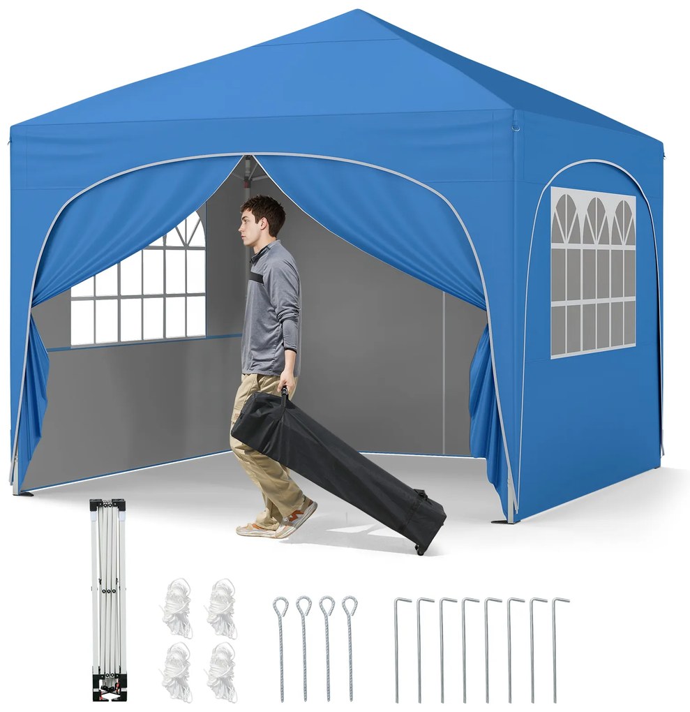 Tenda Gazebo Dobrável com 4 Paredes Removíveis 3x3m, Abrigo de Praia Dobrável Preto