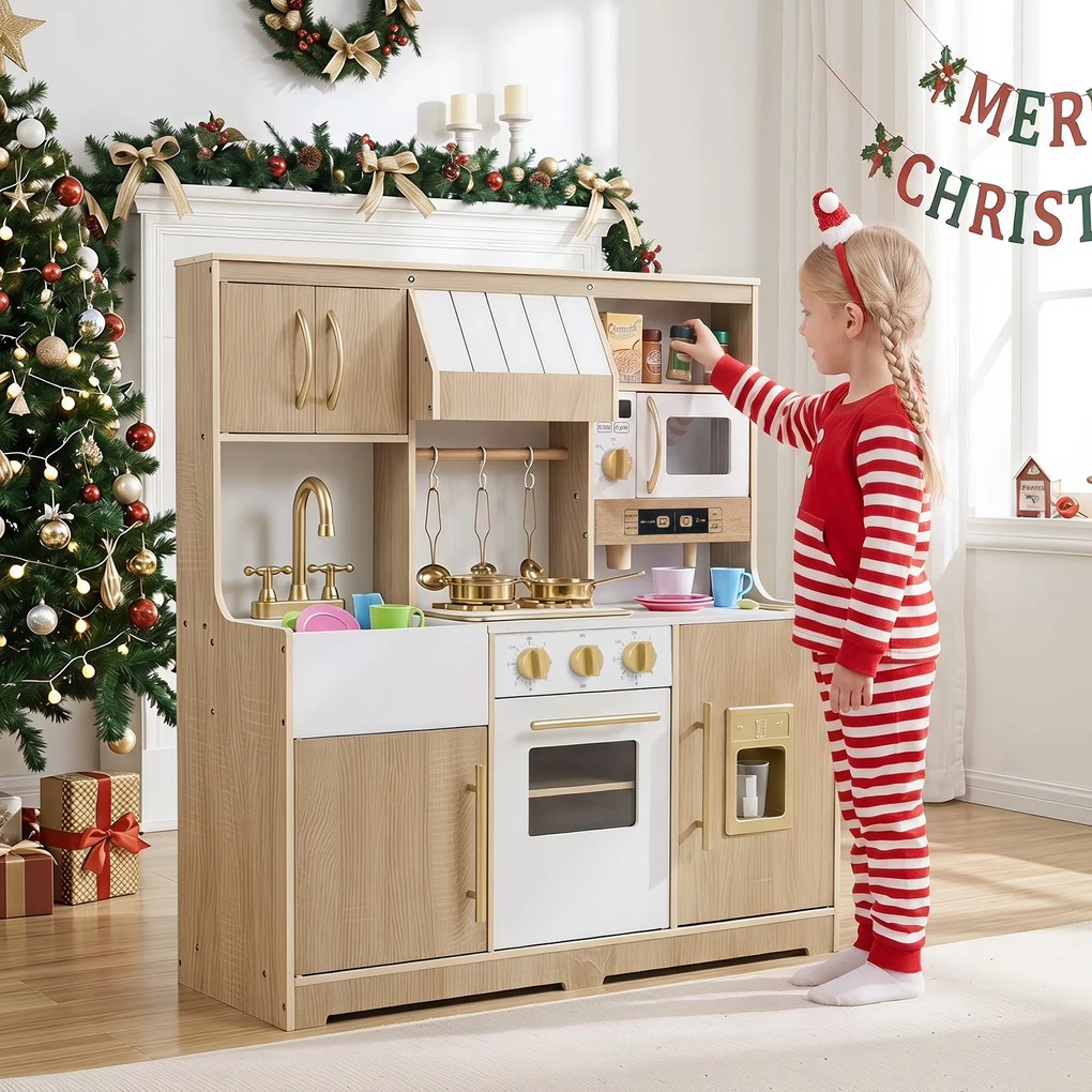 Cozinha Infantil de Brincar, 84 x 30 x 90 cm, Placa com Luz e Som, Natural+Branco
