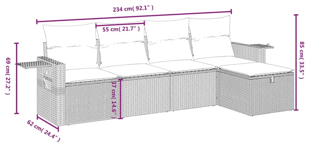 5 pcs conjunto sofás p/ jardim c/ almofadões vime PE castanho