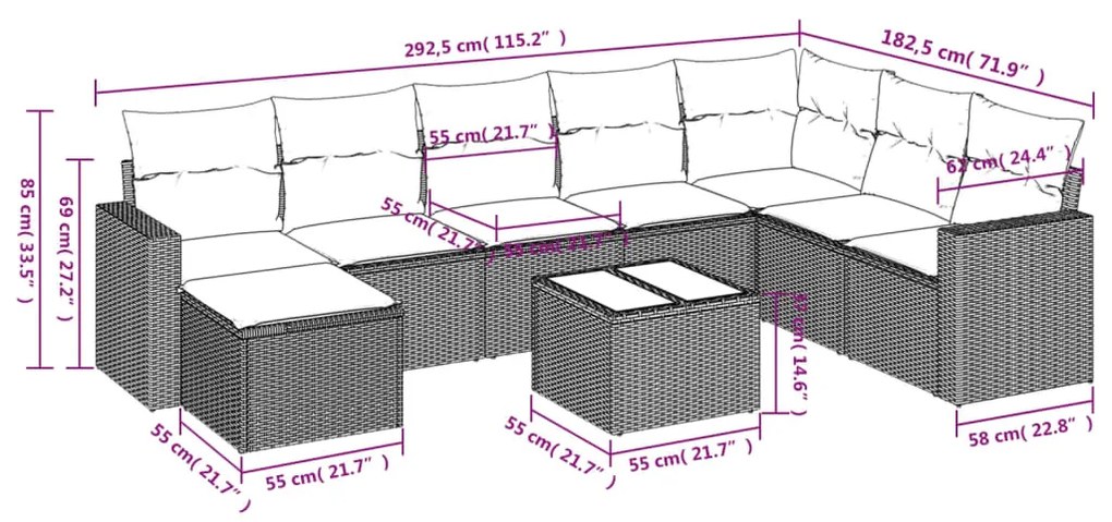 9 pcs conj. sofás jardim com almofadões vime PE cinzento-claro