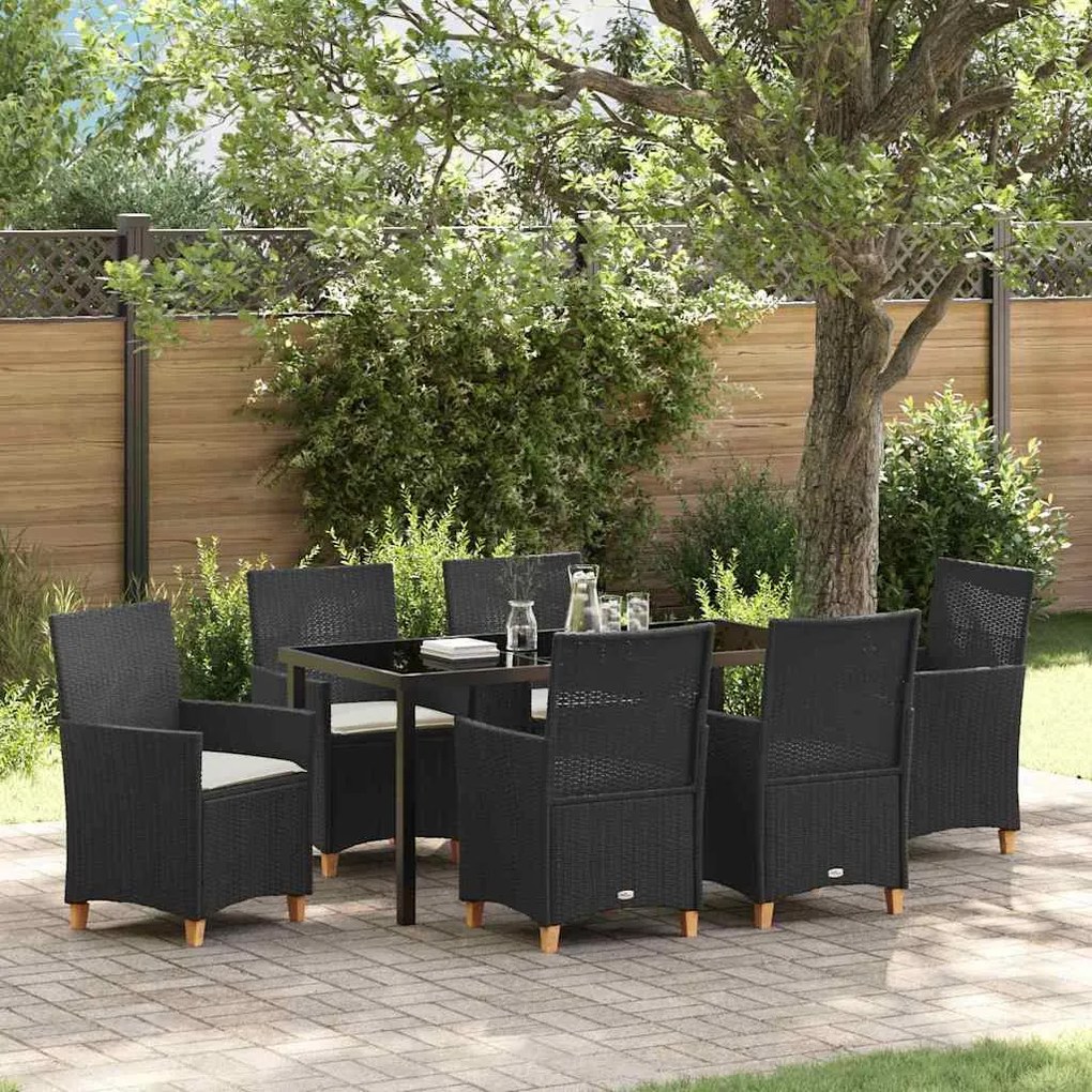 vidaXL Conjunto de Jantar de Jardim com 7 Peças e Almofadas, Rattan Sintético Preto