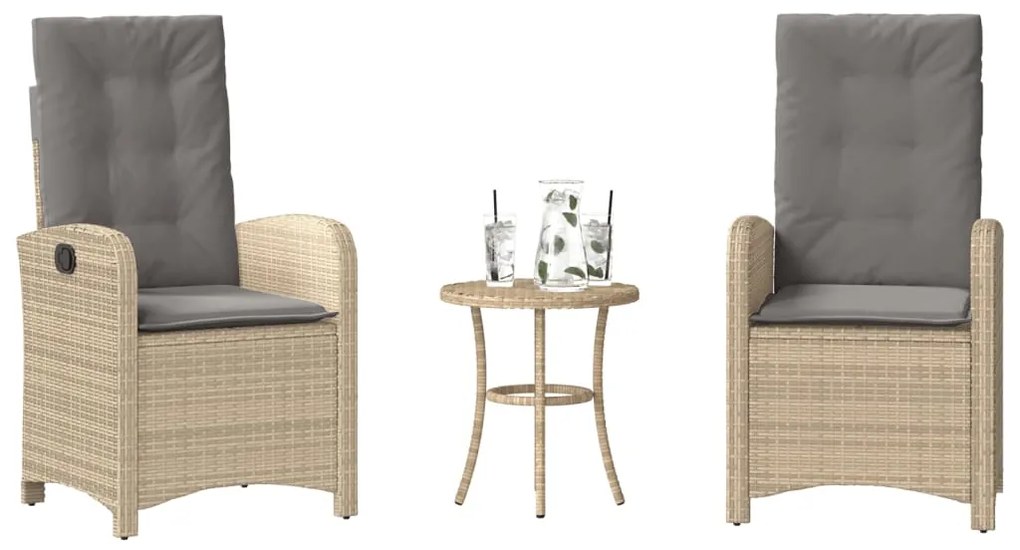 vidaXL 3 pcs conjunto bistrô com almofadões vime PE bege misturado