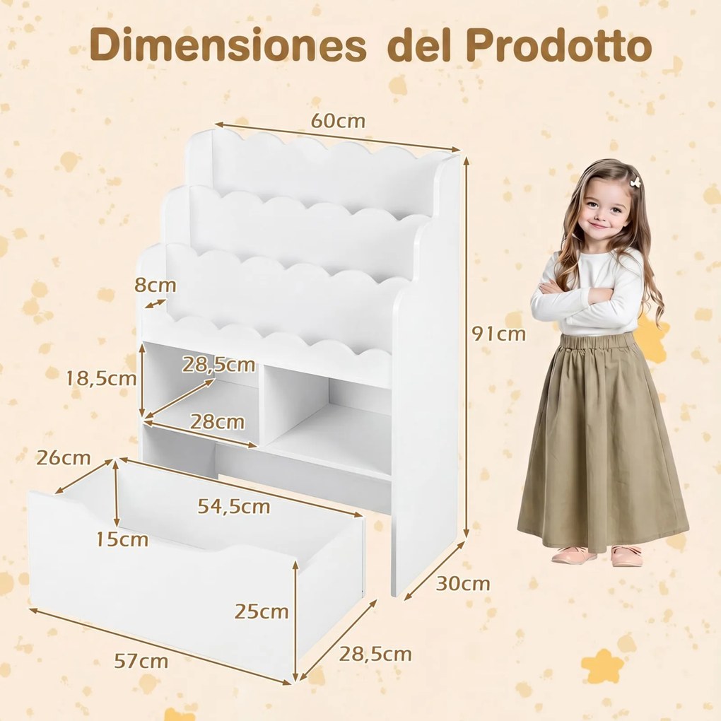 Estante Infantil para Brinquedos, 30 x 60 x 91 cm, Gaveta Removível com Rodas, Branco
