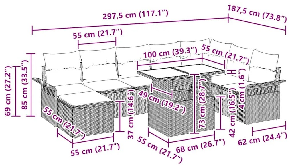 Conjunto de Sofás de Jardim vidaXL com 9 Peças e Almofadas Bege em Rat