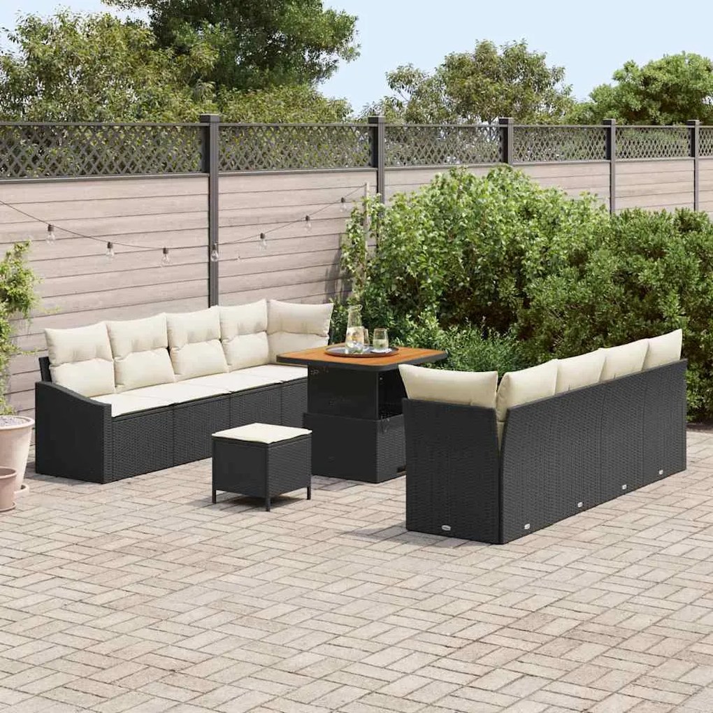Conjunto de Sofá Jardim de 11 Peças com Almofadas Preto Rattan Poliést