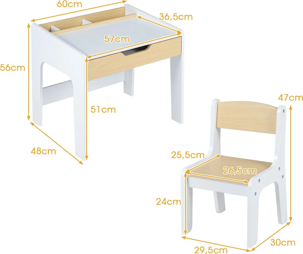 Conjunto de Mesa e Cadeira Infantil, 60 x 48 x 56 cm, Com Gaveta e Compartimentos de Arrumação, Natural e Branco