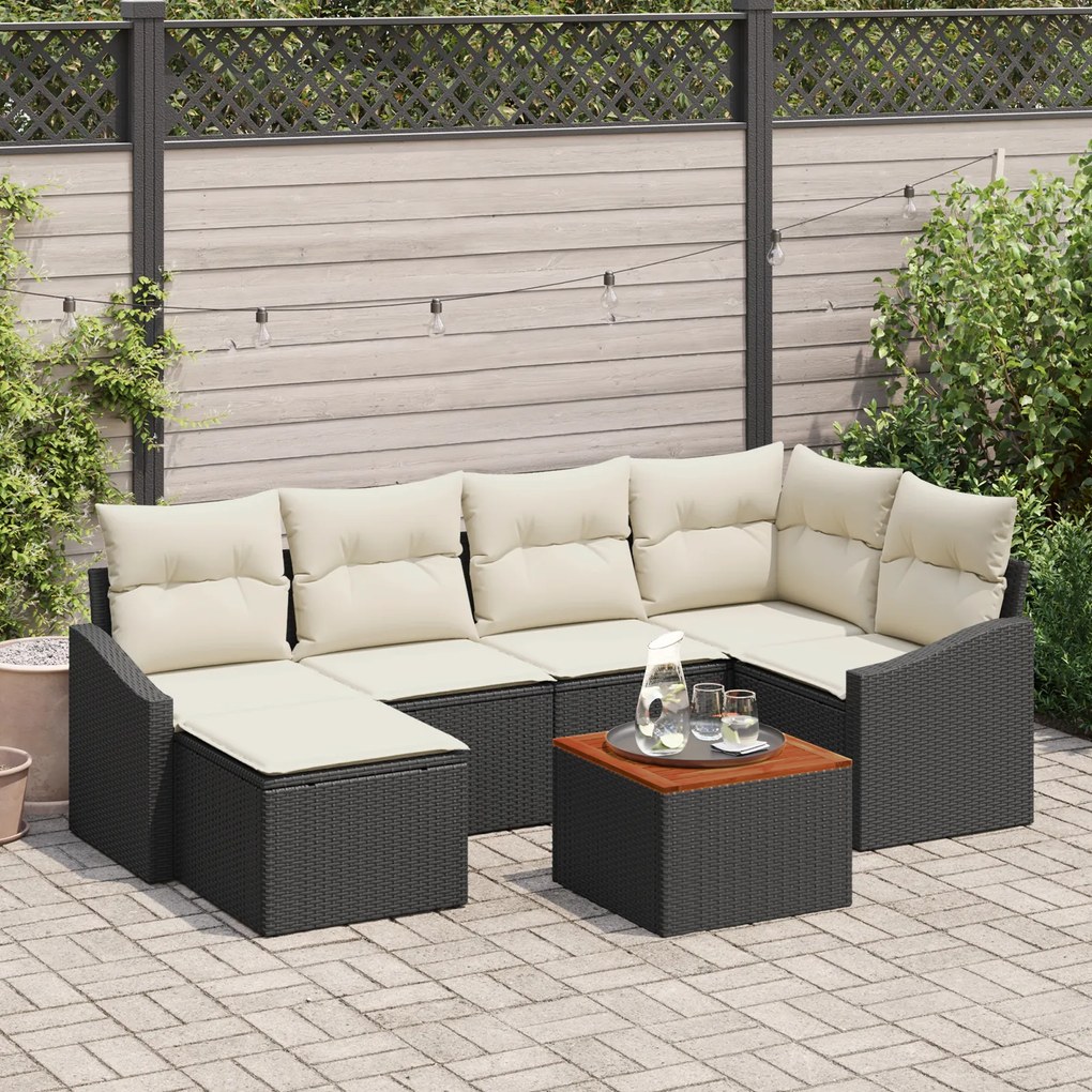 Conjunto de Sofá de Jardim de 7 Peças com Almofadas Preto Polirattan A