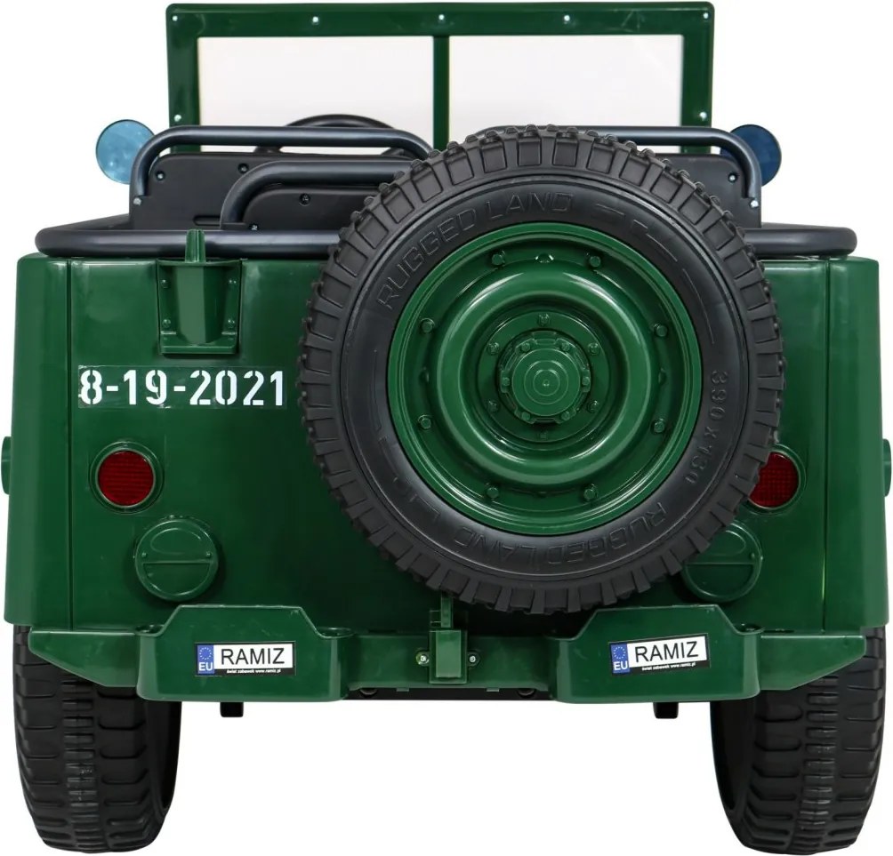 Jipe elétrico para Crianças 3 Lugares Retro Military 24V 4x4 Rodas Espuma EVA, assento couro ecológico Verde