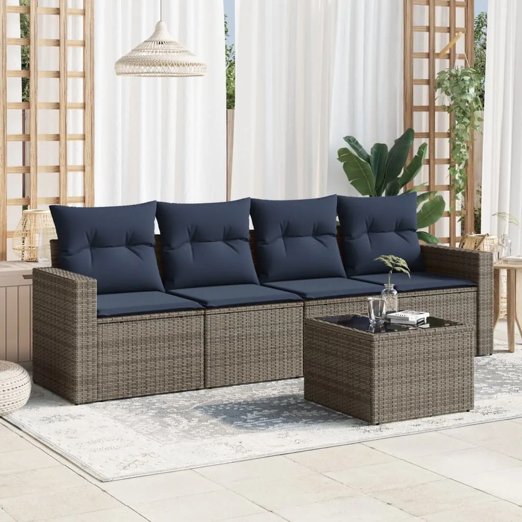 vidaXL 5 pcs conjunto sofás p/ jardim c/ almofadões vime PE cinzento