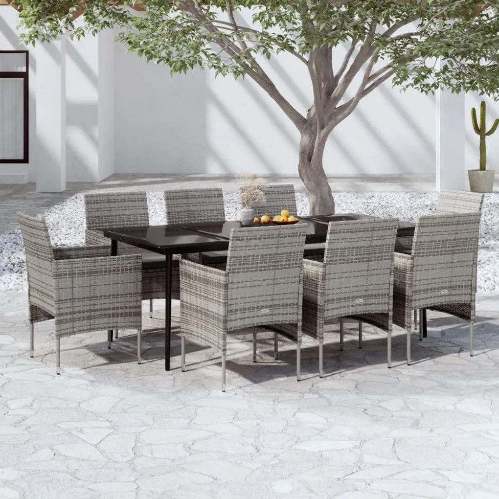 vidaXL 9 pcs conjunto de jantar para jardim c/ almofadões cinza/preto