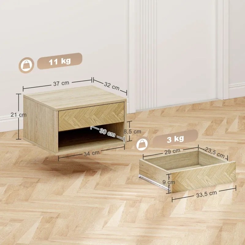 Conjunto de 2 Mesas de Cabeceira Suspensas com Gaveta e Compartimento para Quarto Sala 37x32x21 cm Madeira