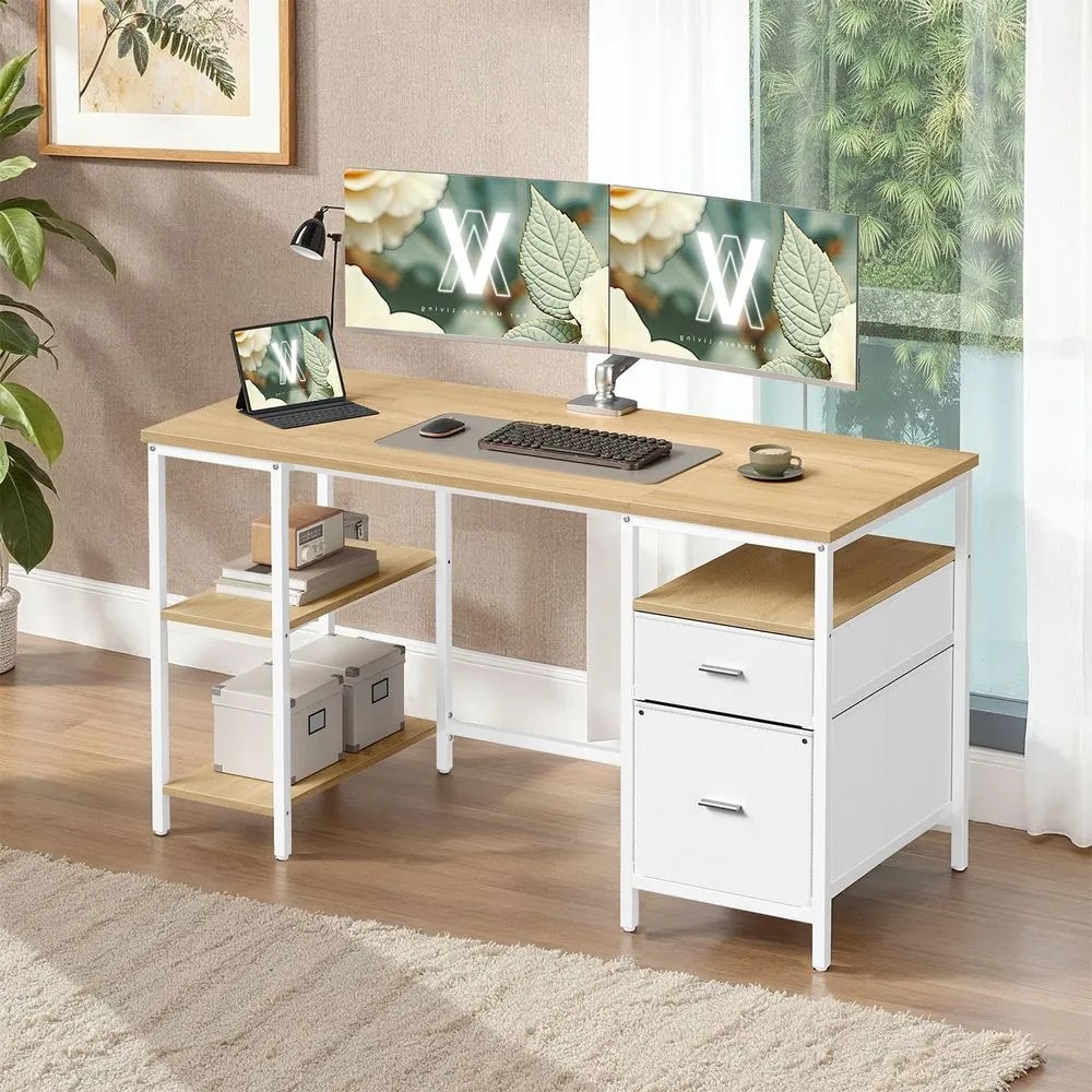 Secretária com 3 prateleiras e 2 gavetas 140 x 60 x 76 cm em cor de carvalho natural-branco